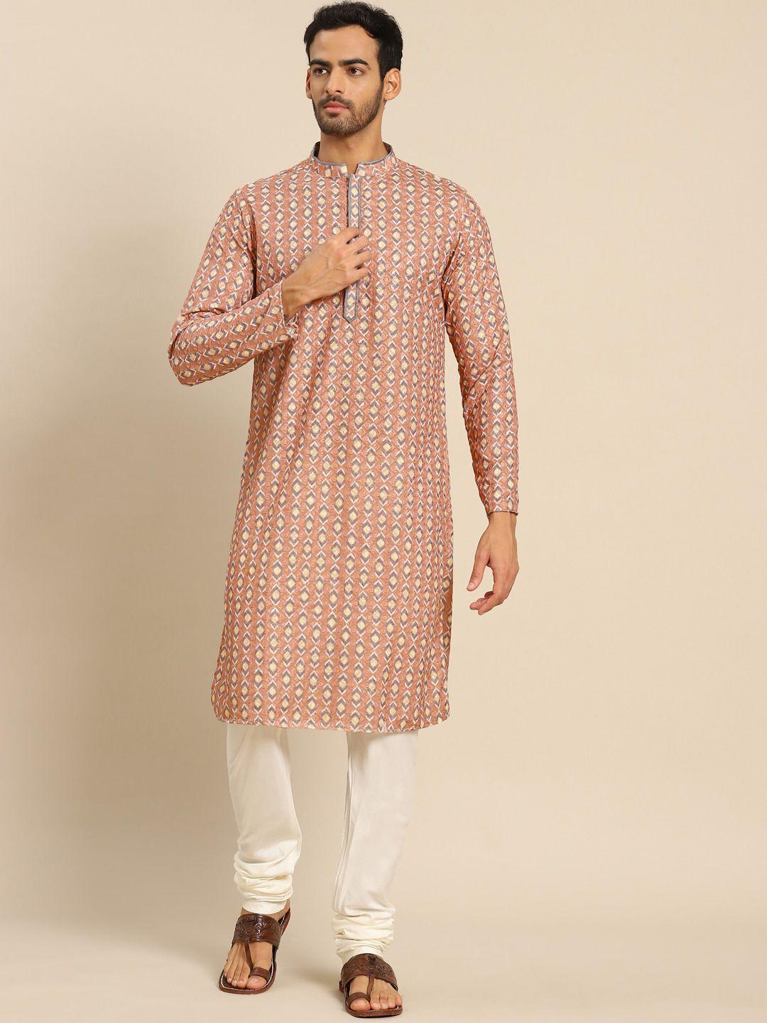 kisah men peach-coloured geometric embroidered kurta