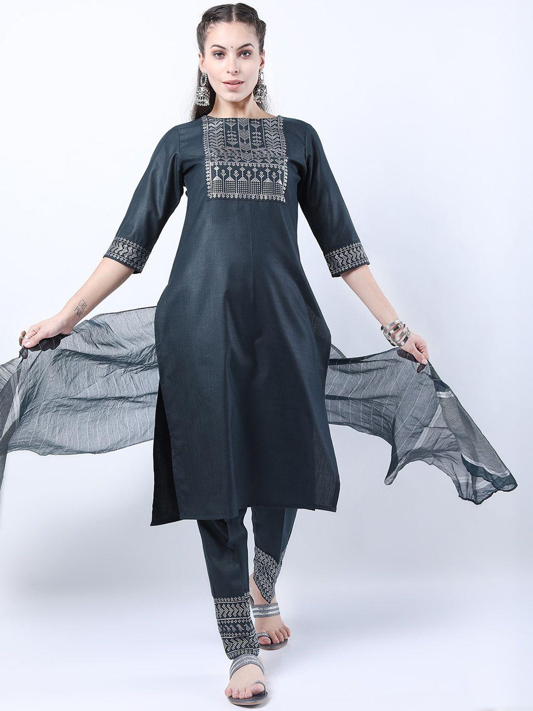 ketch women green yoke design kurta with trousers with dupatta