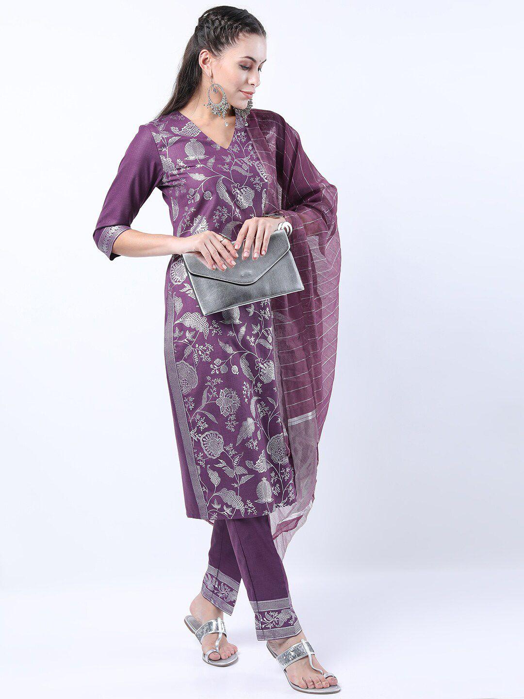 ketch women purple floral printed kurta with trousers & dupatta