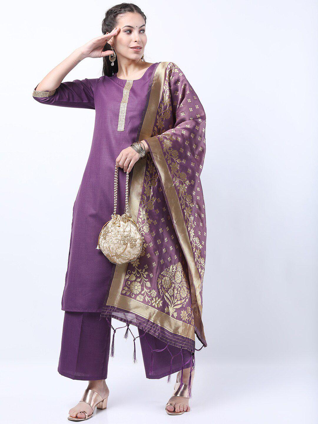 ketch women purple sequined straight kurta with palazzos & dupatta with tassels