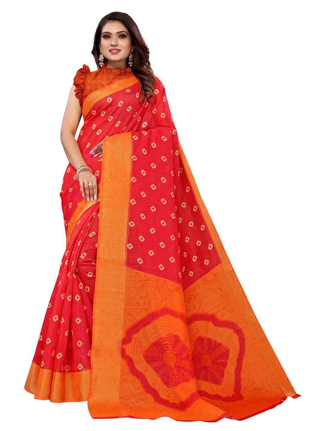 aadvika orange & red bandhani zari linen blend saree