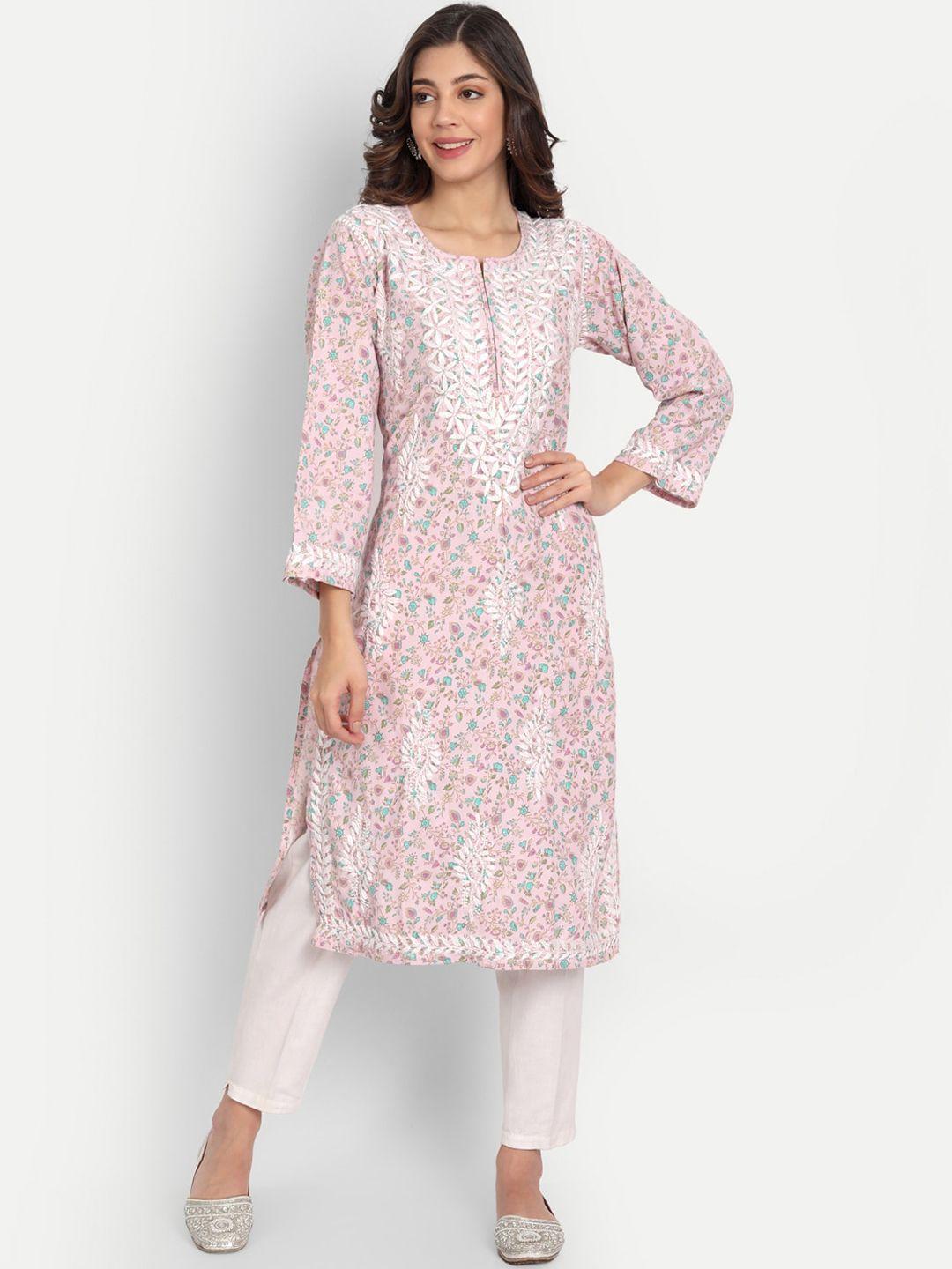 indiankala4u women pink floral hand embroidered kurta