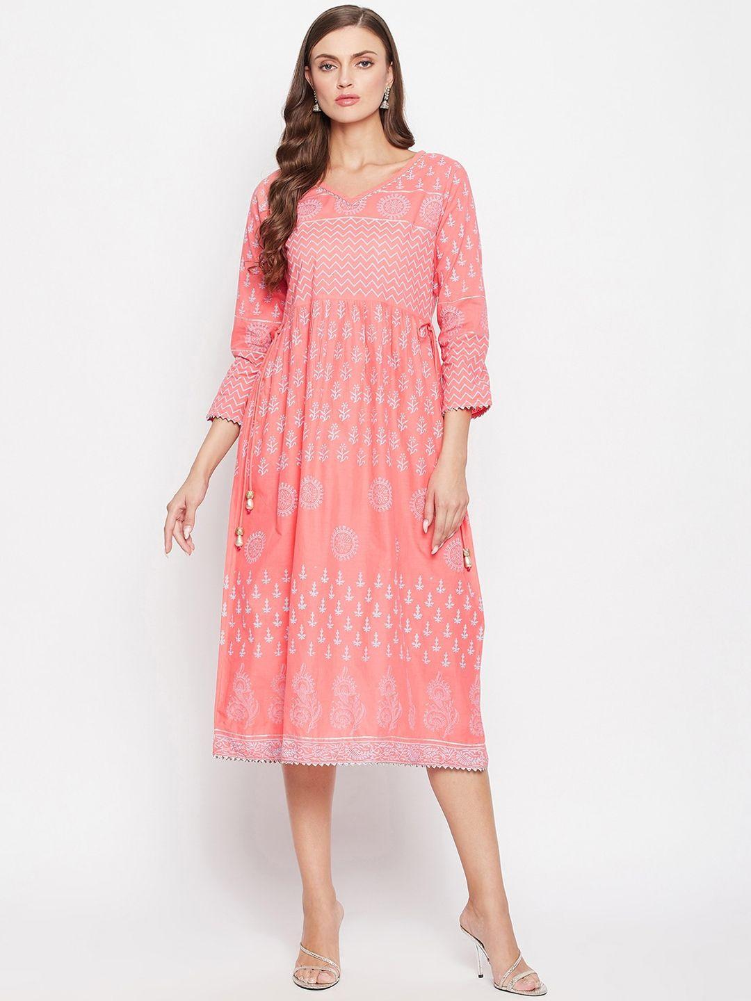 bitterlime peach-coloured & white ethnic motifs dress