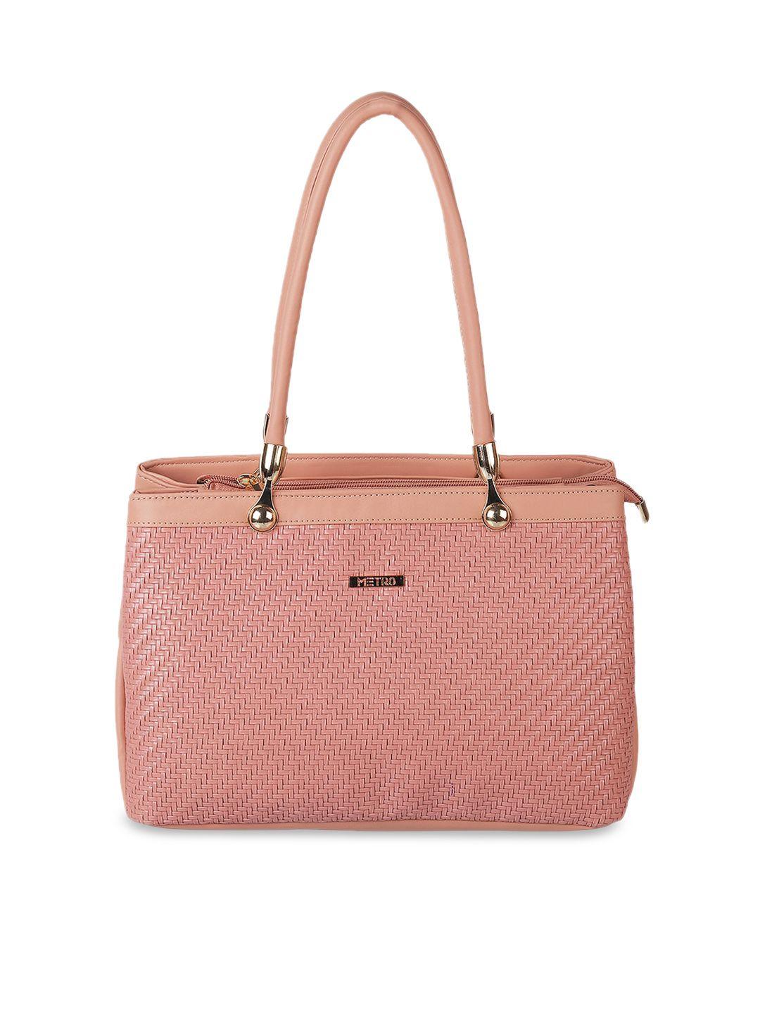 metro peach-coloured textured structured shoulder bag with quilted