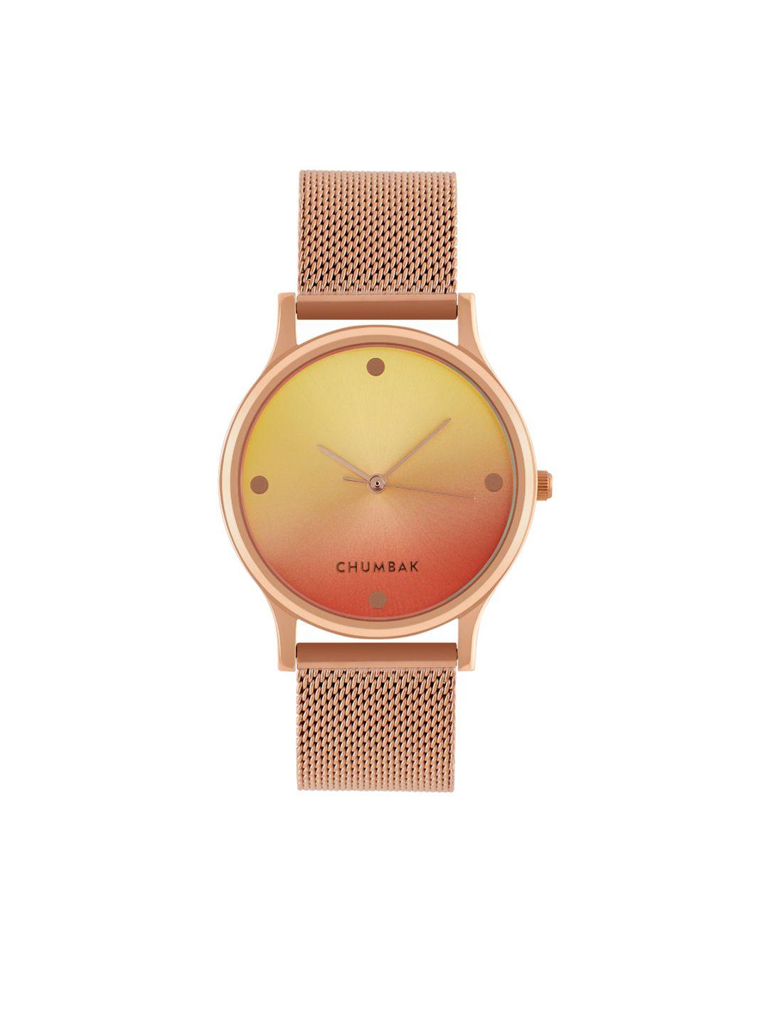 teal by chumbak women rose gold-toned brass embellished dial & gold toned bracelet style straps analogue watch