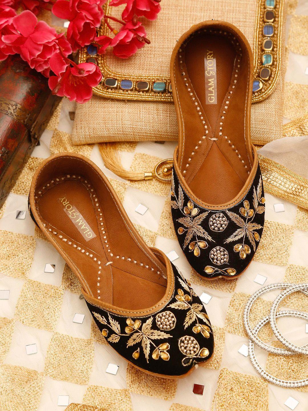 glam story women black embellished leather flats