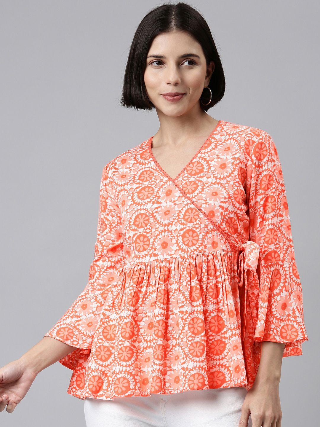 malhaar orange & peach-coloured floral print wrap top