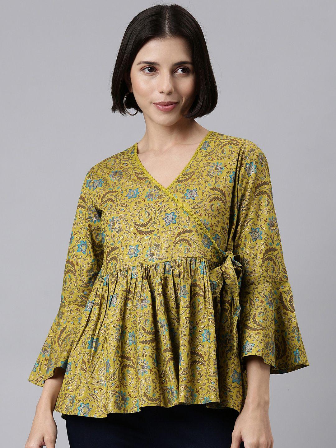 malhaar gold-toned & blue floral print wrap top