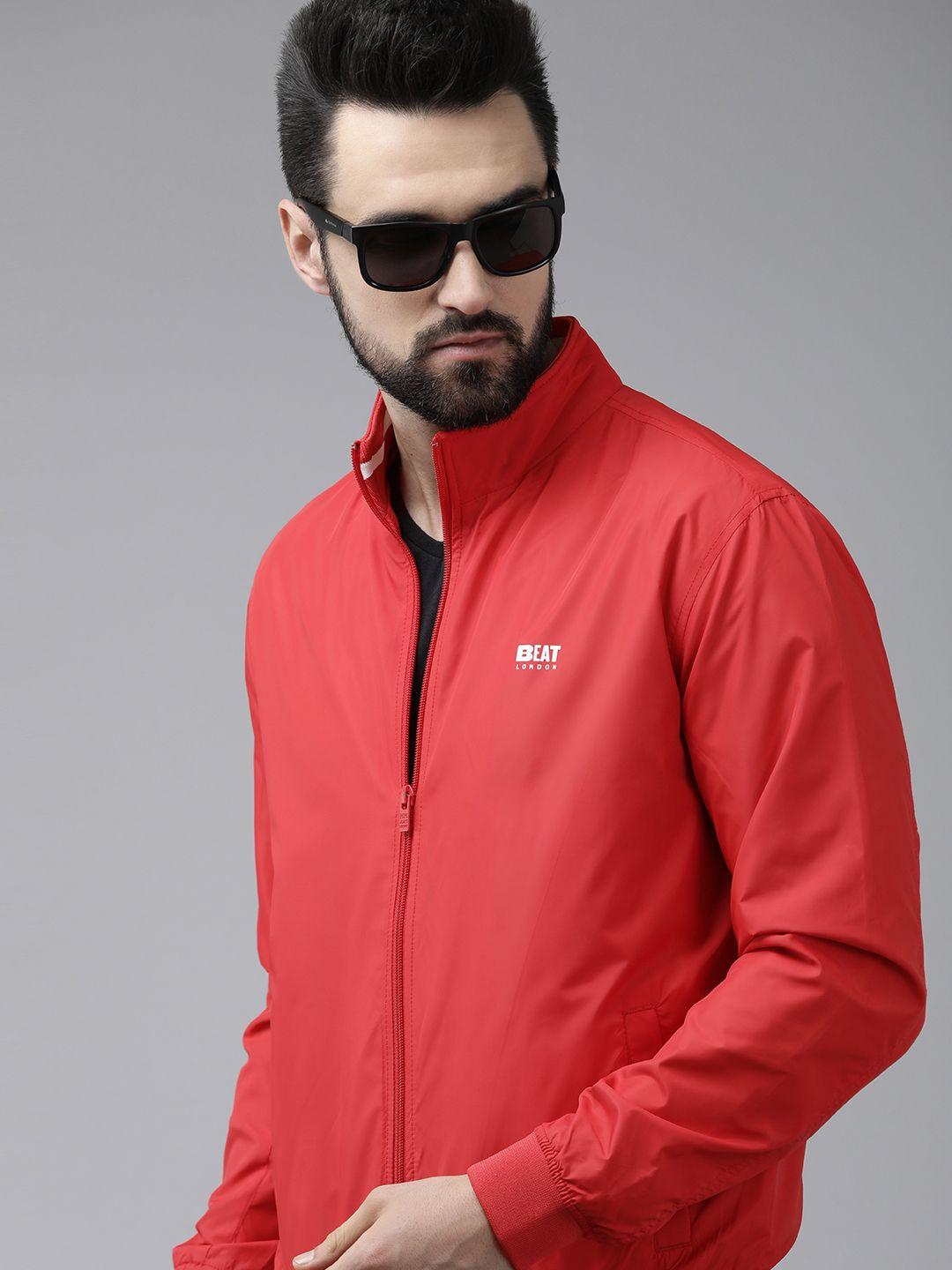 beat london by pepe jeans men solid full sleeves red bomber jacket