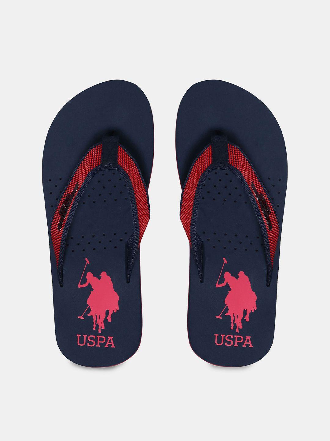 u s polo assn men navy blue & red printed thong flip-flops