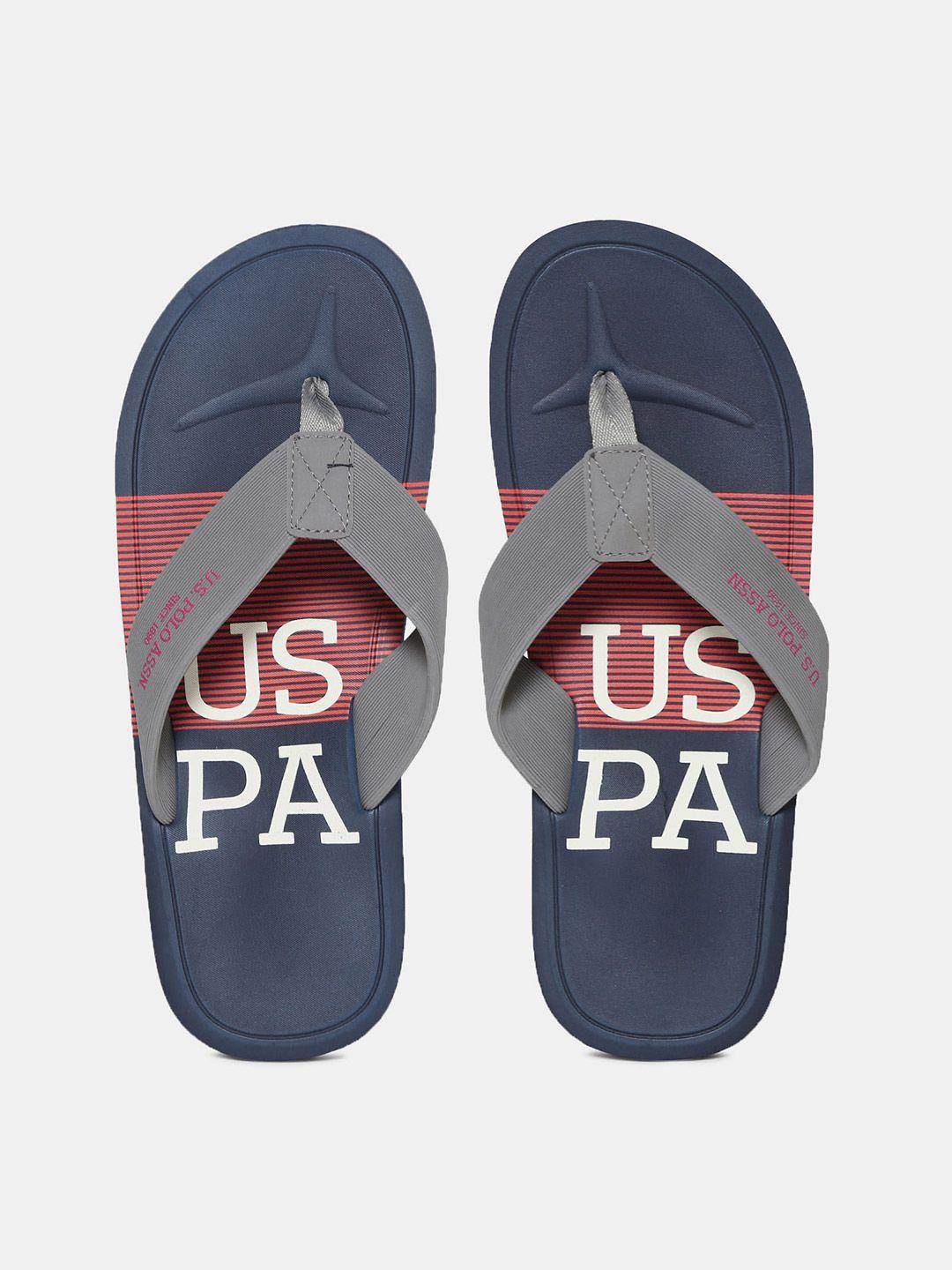 u s polo assn men navy blue & peach printed room slippers