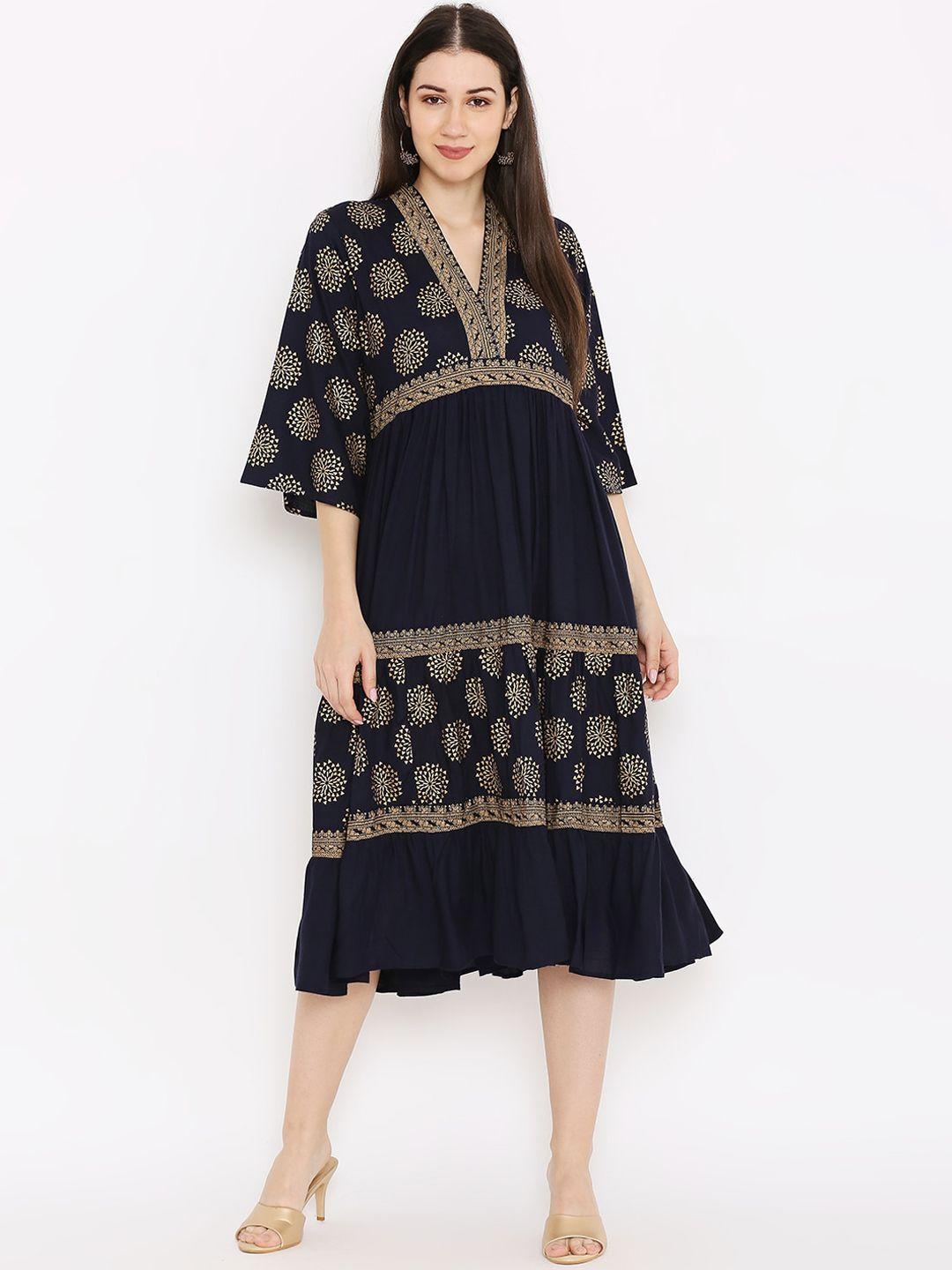 peppertree women blue & gold-toned ethnic motifs printed fit & flare dress