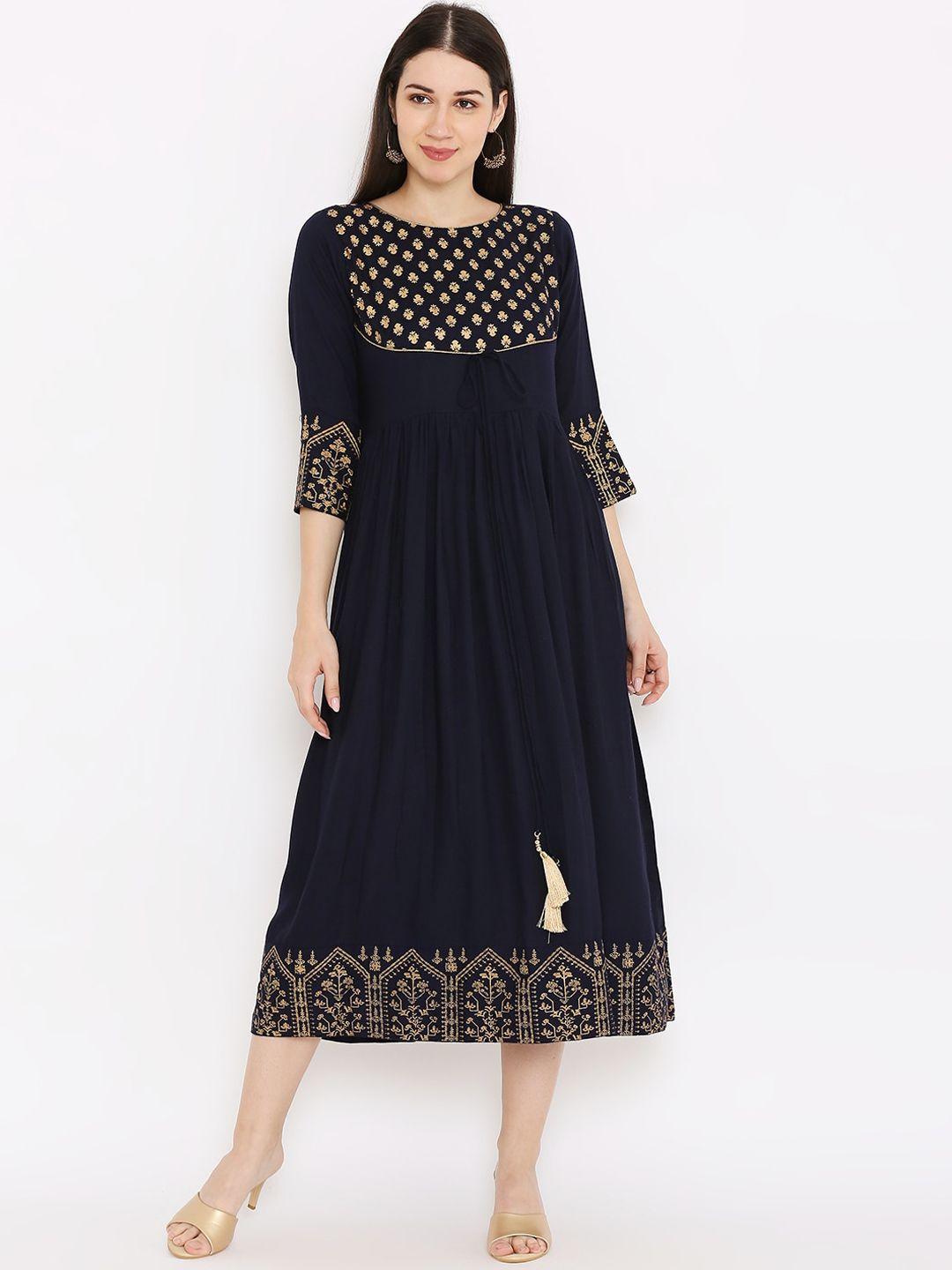 peppertree women navy blue & gold-toned ethnic midi dress