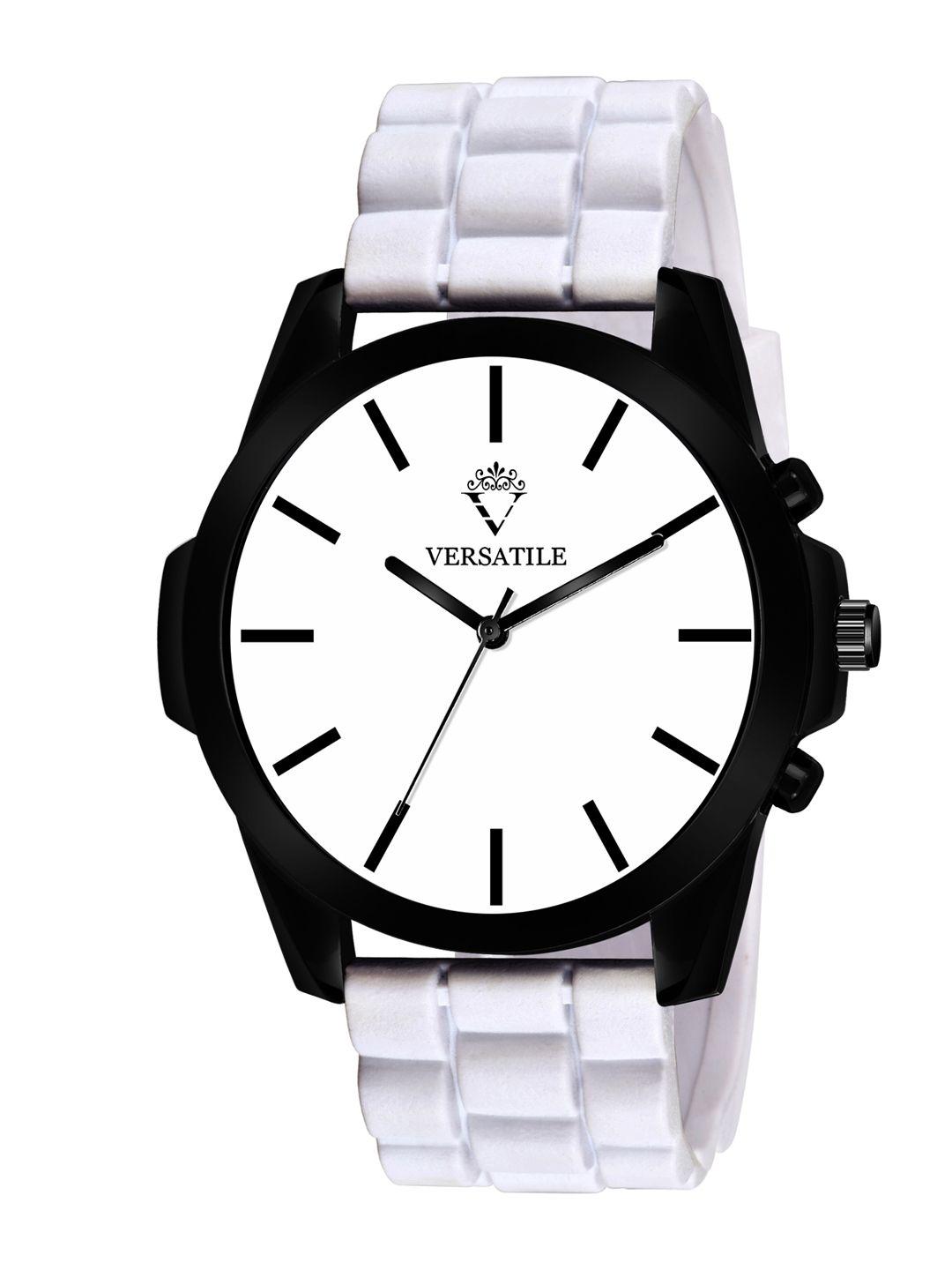 versatile men black brass dial & white bracelet style straps analogue watch