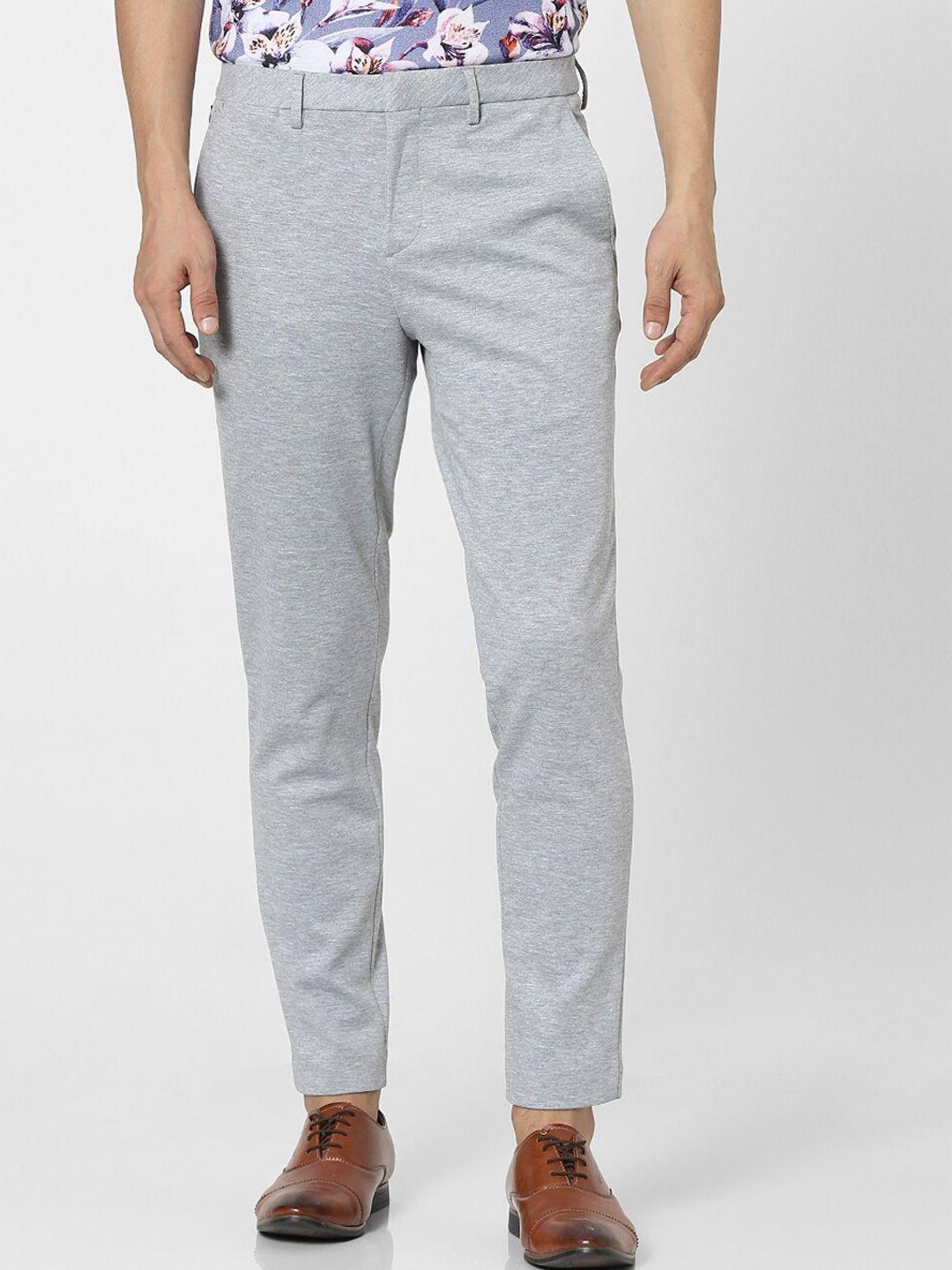 jack & jones men grey textured cotton low-rise trousers