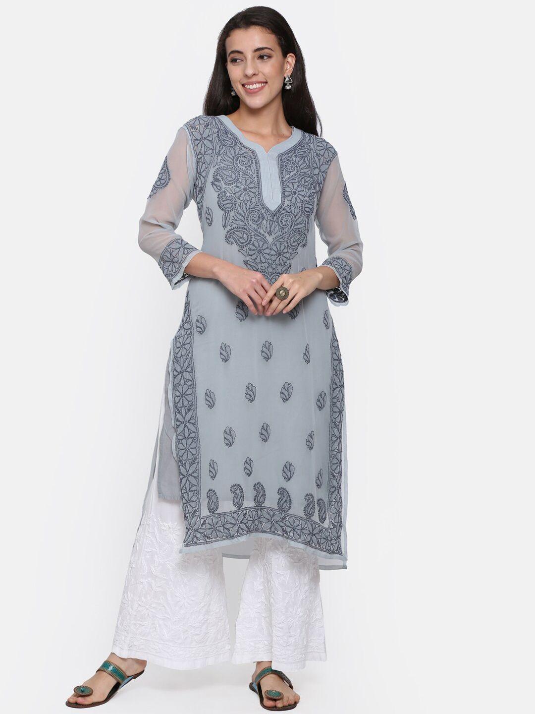 paramount chikan women grey hand embroidered chikankari georgette kurta