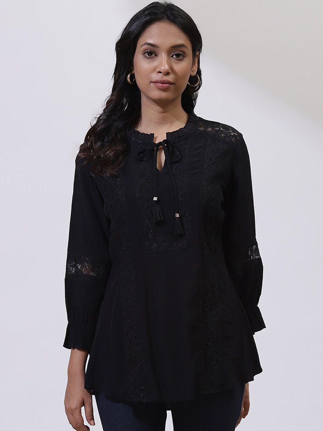 lakshita women black embroidered puff sleeves cotton kurti