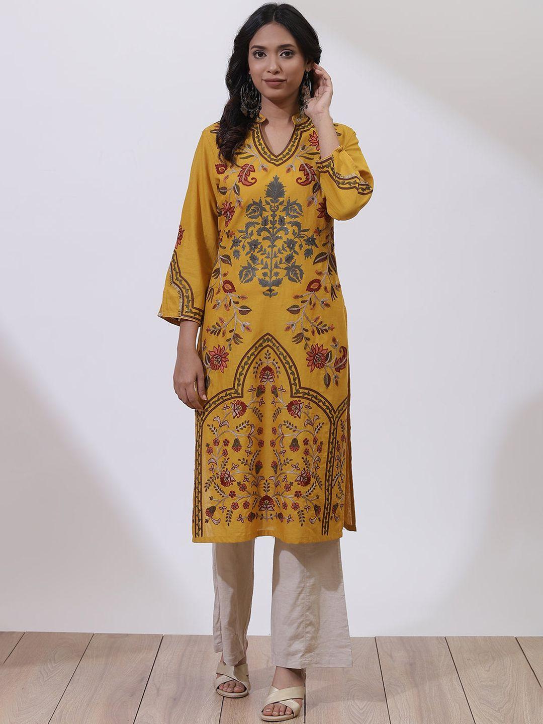 lakshita women  plus size mustard yellow mughal aari embroidery kurta