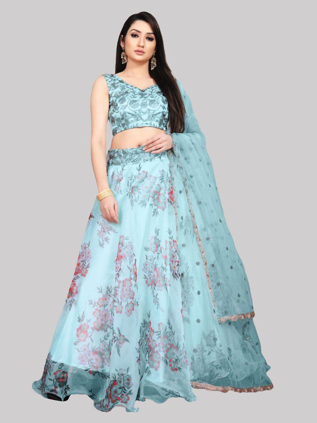 fashion basket blue & pink embroidered sequinned semi-stitched lehenga & unstitched blouse with dupatta