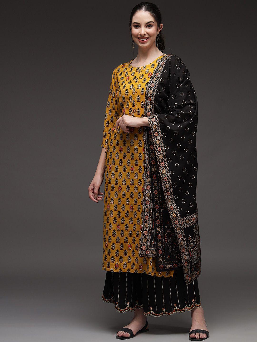 nehamta women mustard yellow ethnic motifs printed layered sequinned kurta with skirt & with dupatta