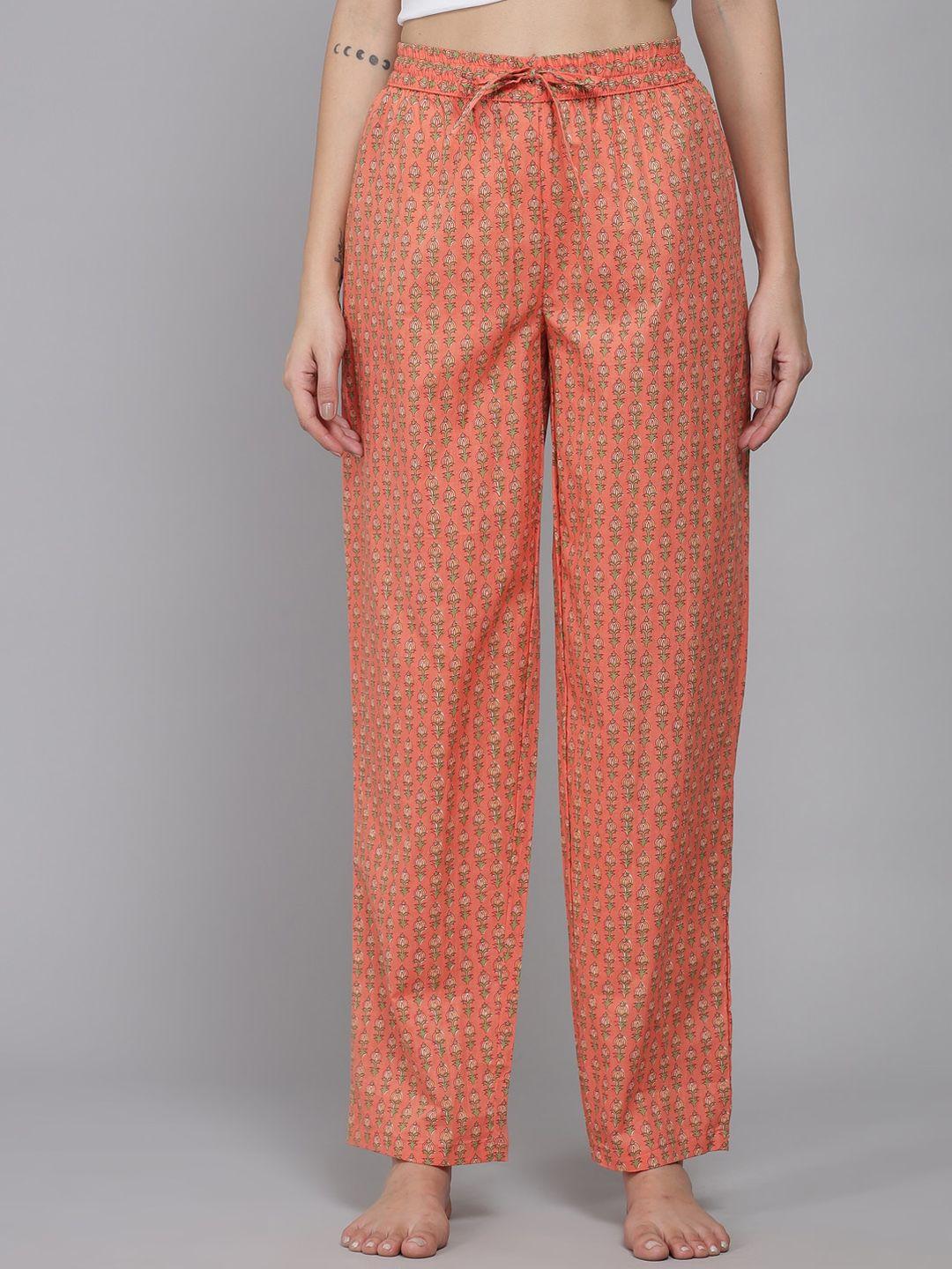 women peach coloured printed cotton lounge pants