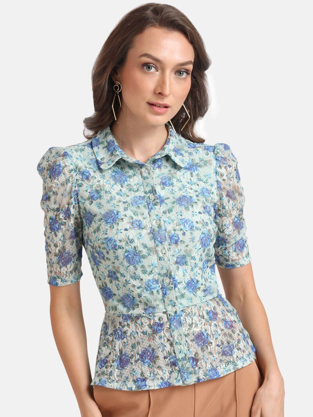 kazo women green classic floral printed casual shirt