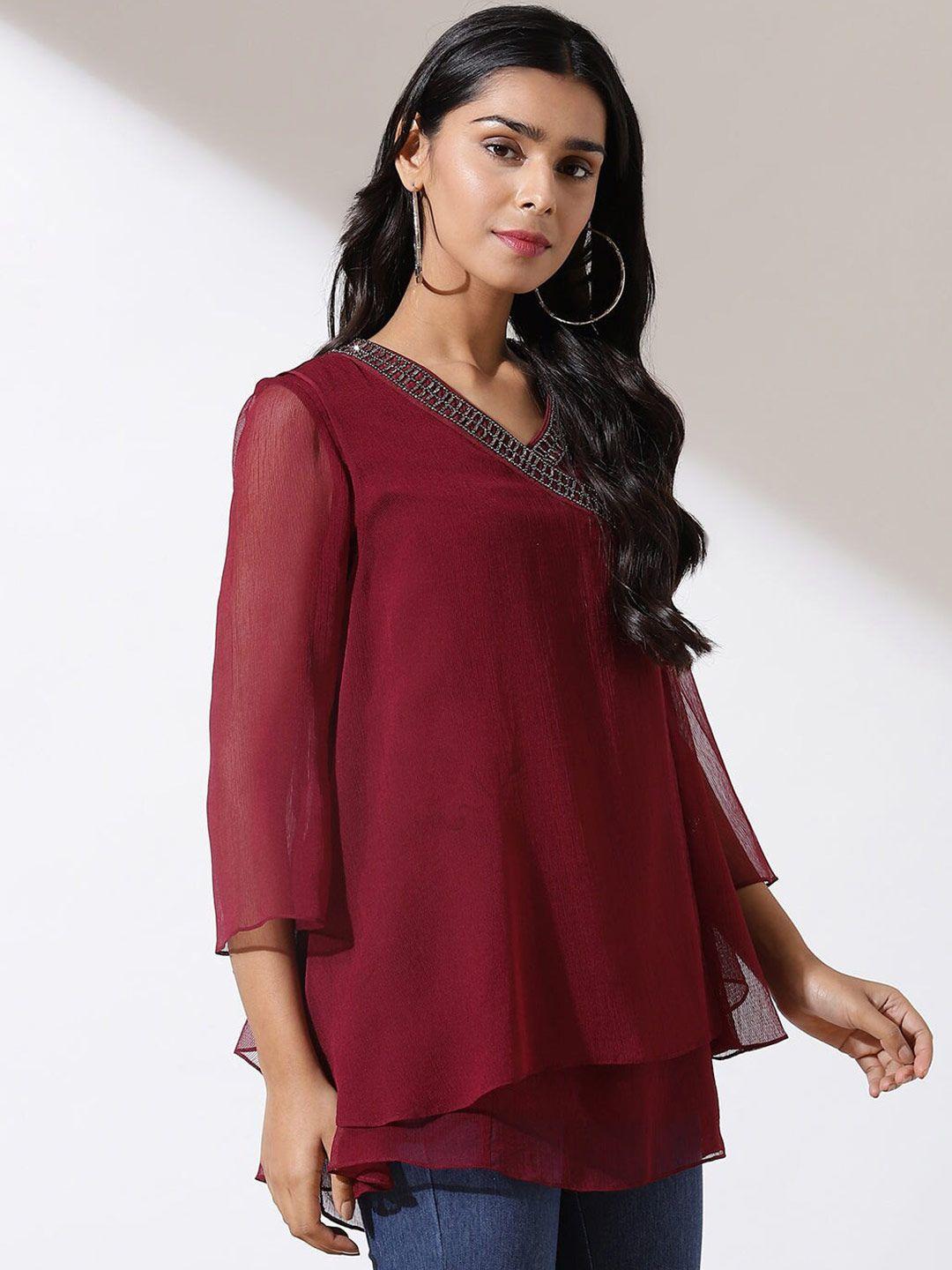 lakshita plum wine chiffon  embellished layered sheer chiffon top