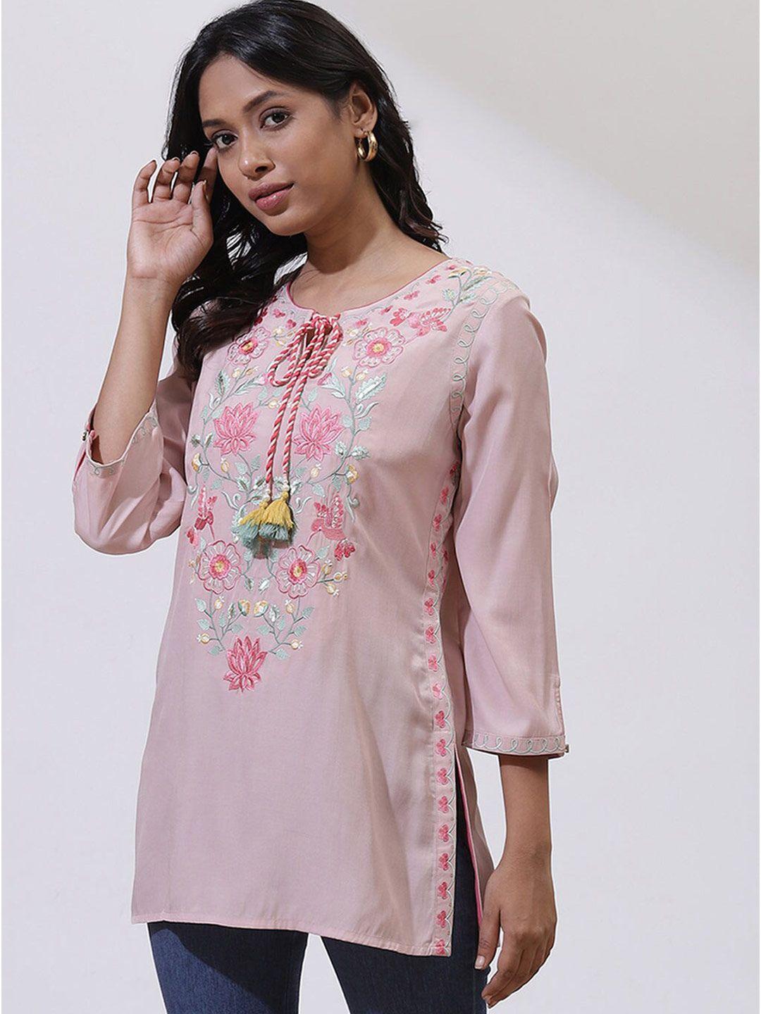 lakshita mauve floral embroidered thread work pure cotton thread work kurti