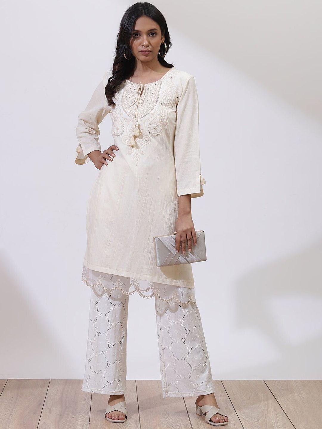 lakshita women white embroidered keyhole neck kurta