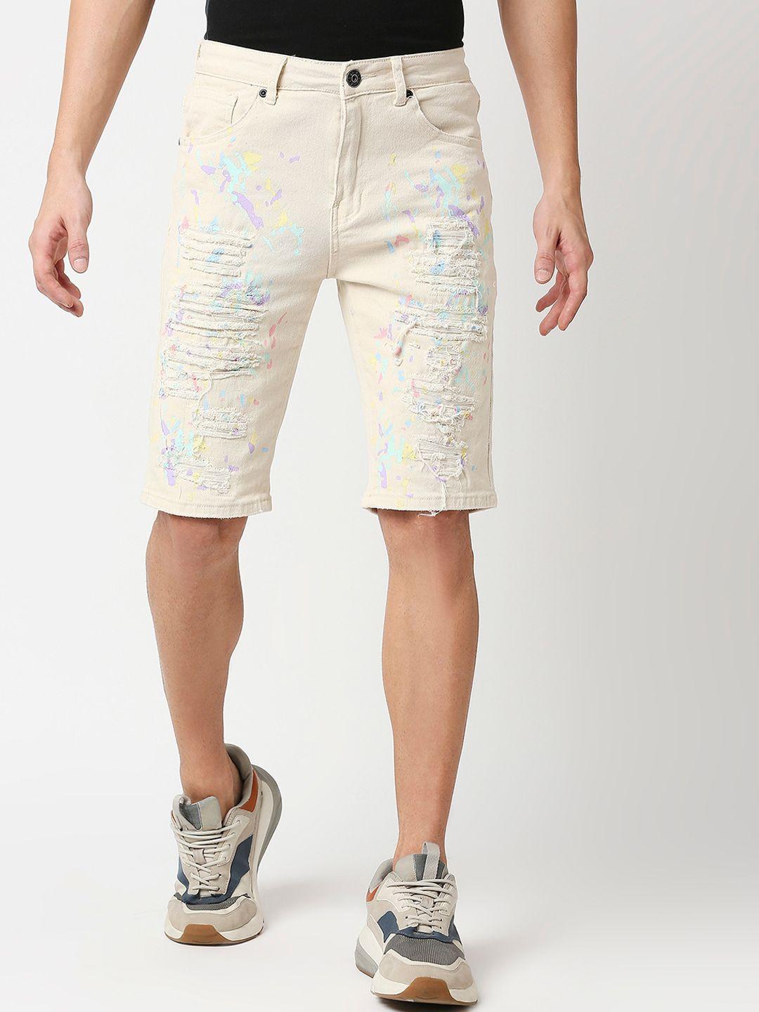 waimea men cream-coloured printed skinny fit  denim shorts