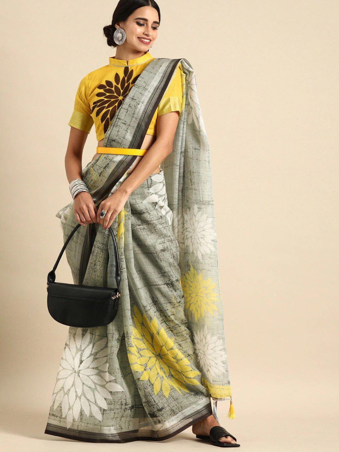 sangria grey & black pure linen saree