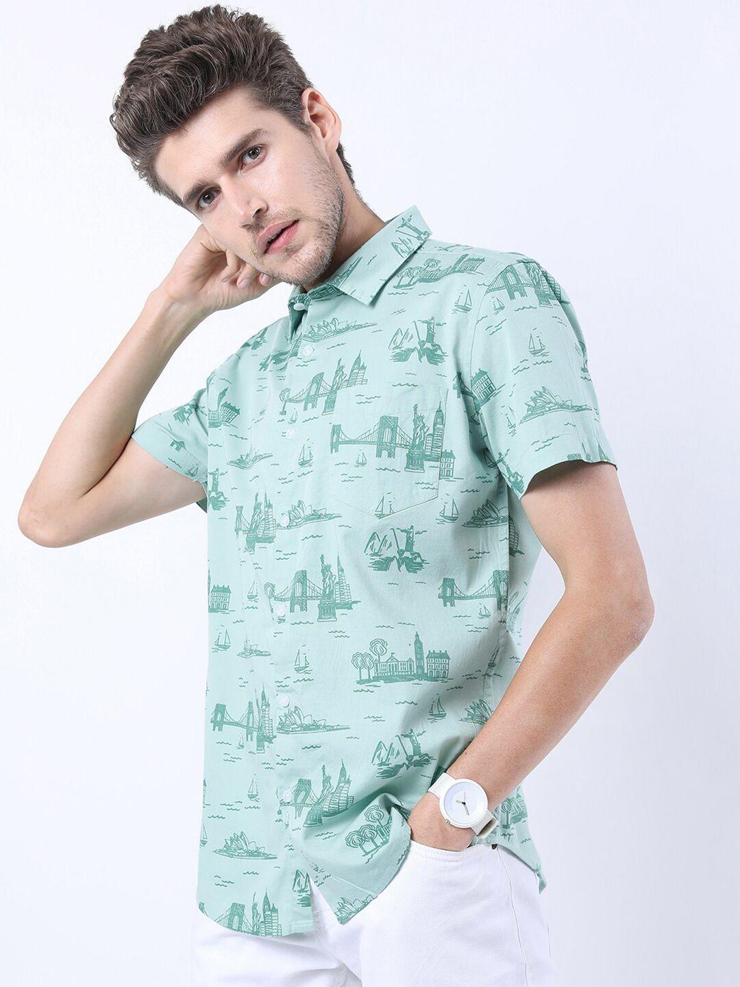 highlander men green slim fit printed casual shirt