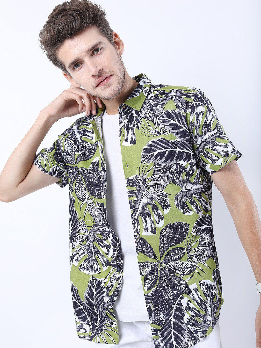 highlander men green slim fit tropical printed casual shirt