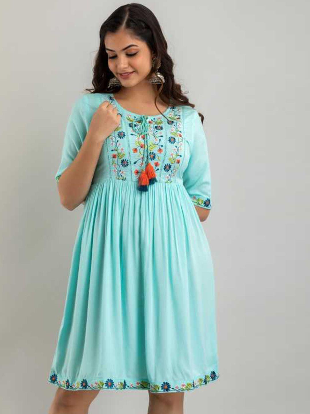 sangria sea green floral embroidered a-line dress