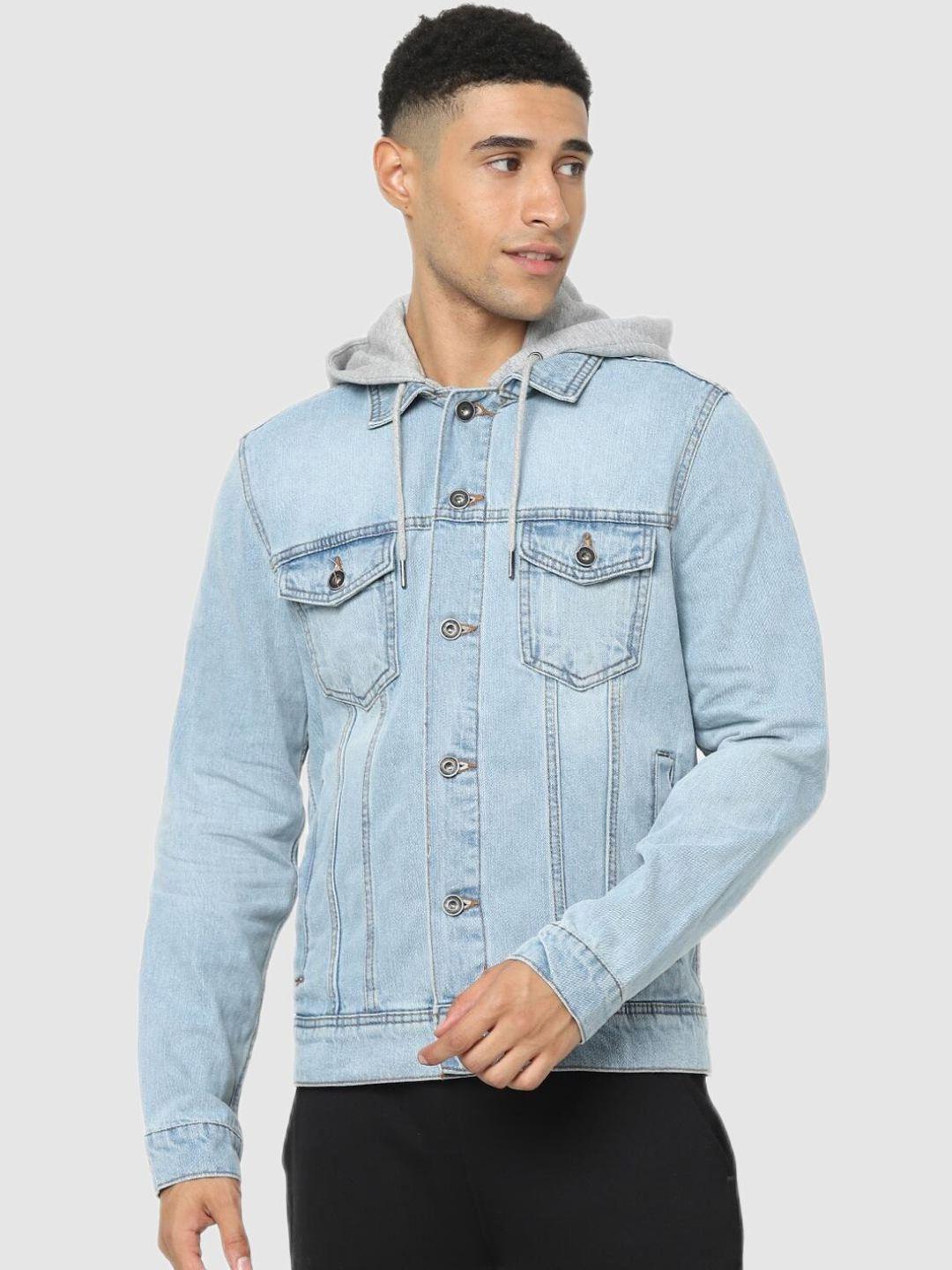 celio men blue washed denim jacket with patchwork