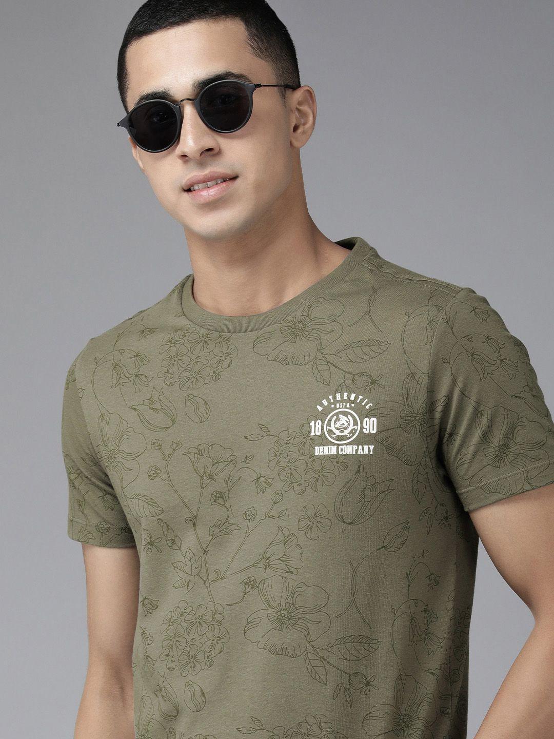 u.s. polo assn. denim co. men olive green floral printed pure cotton slim fit t-shirt