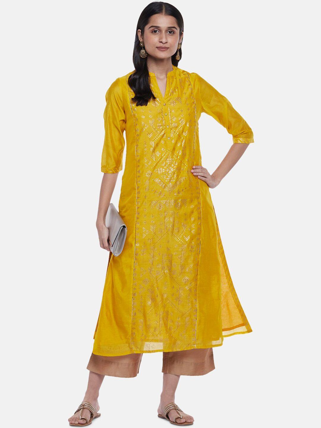 rangmanch by pantaloons women yellow ethnic motifs chanderi silk kurta