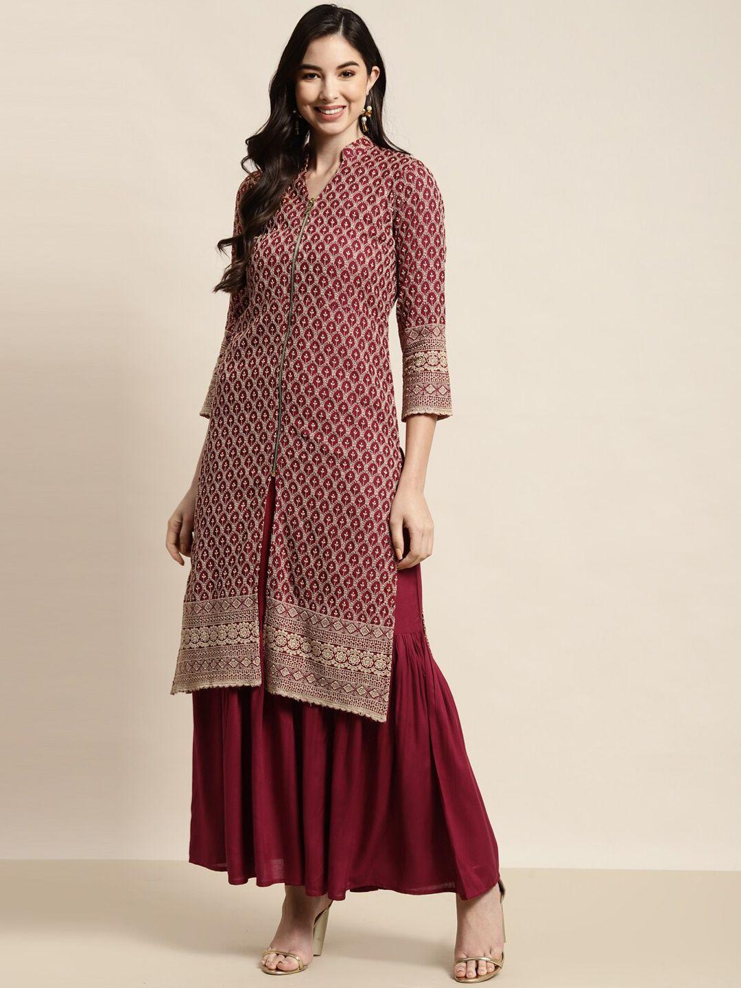 jompers women maroon ethnic motifs embroidered kurta with sharara