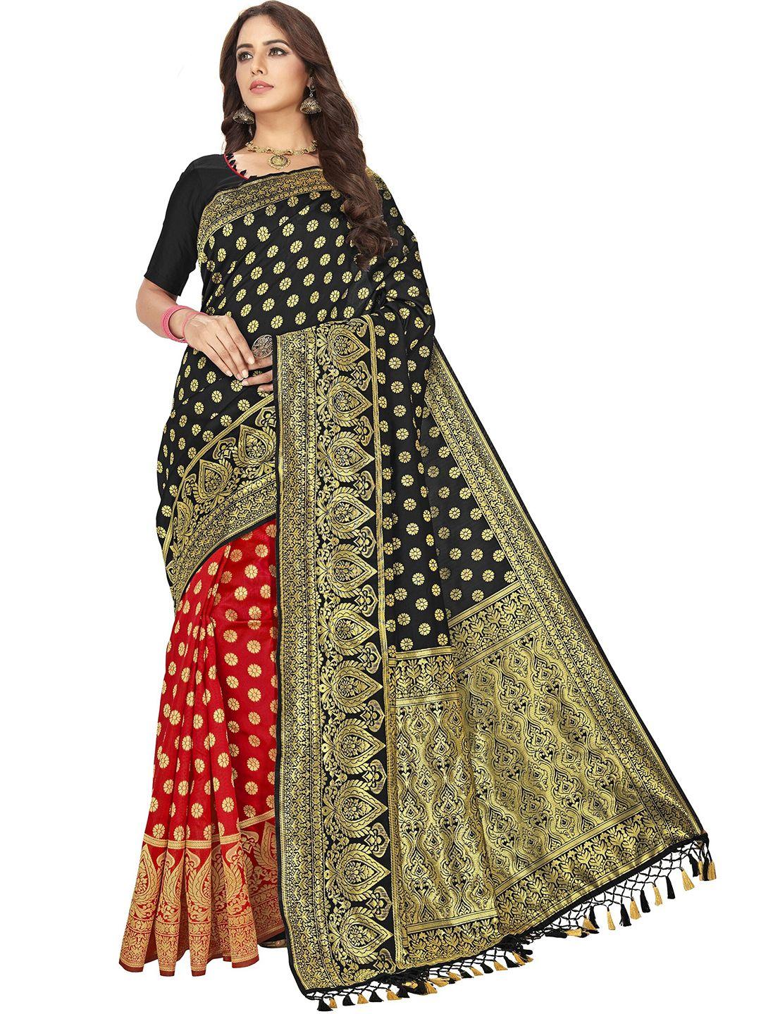 motihamir black & red ethnic motifs zari silk blend half and half banarasi saree