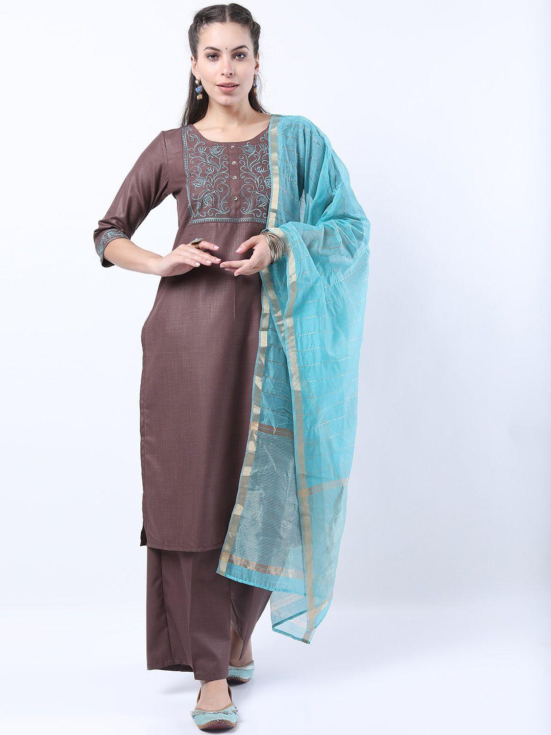 ketch women taupe floral yoke design panelled kurti with salwar & with dupatta