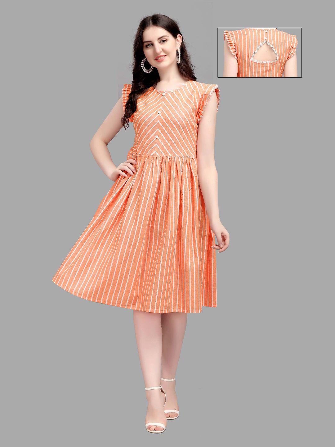 kinjo orange & white striped casual fit and flare dress