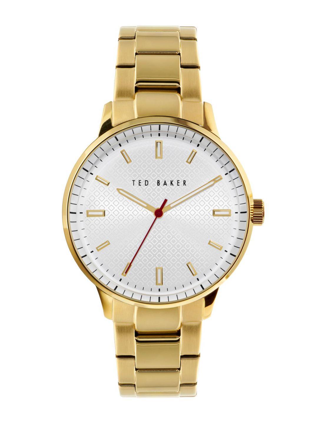 ted baker men silver-toned patterned dial & gold toned stainless steel bracelet style straps analogue watch