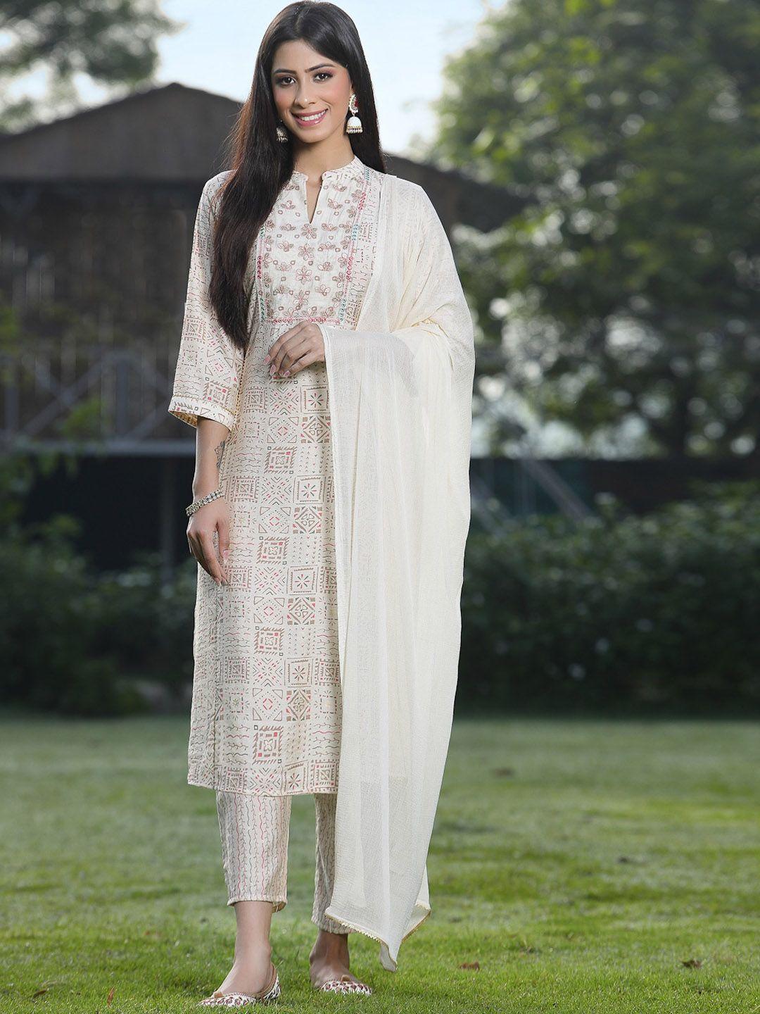 juniper women off white printed thread work kurta with trousers & dupatta