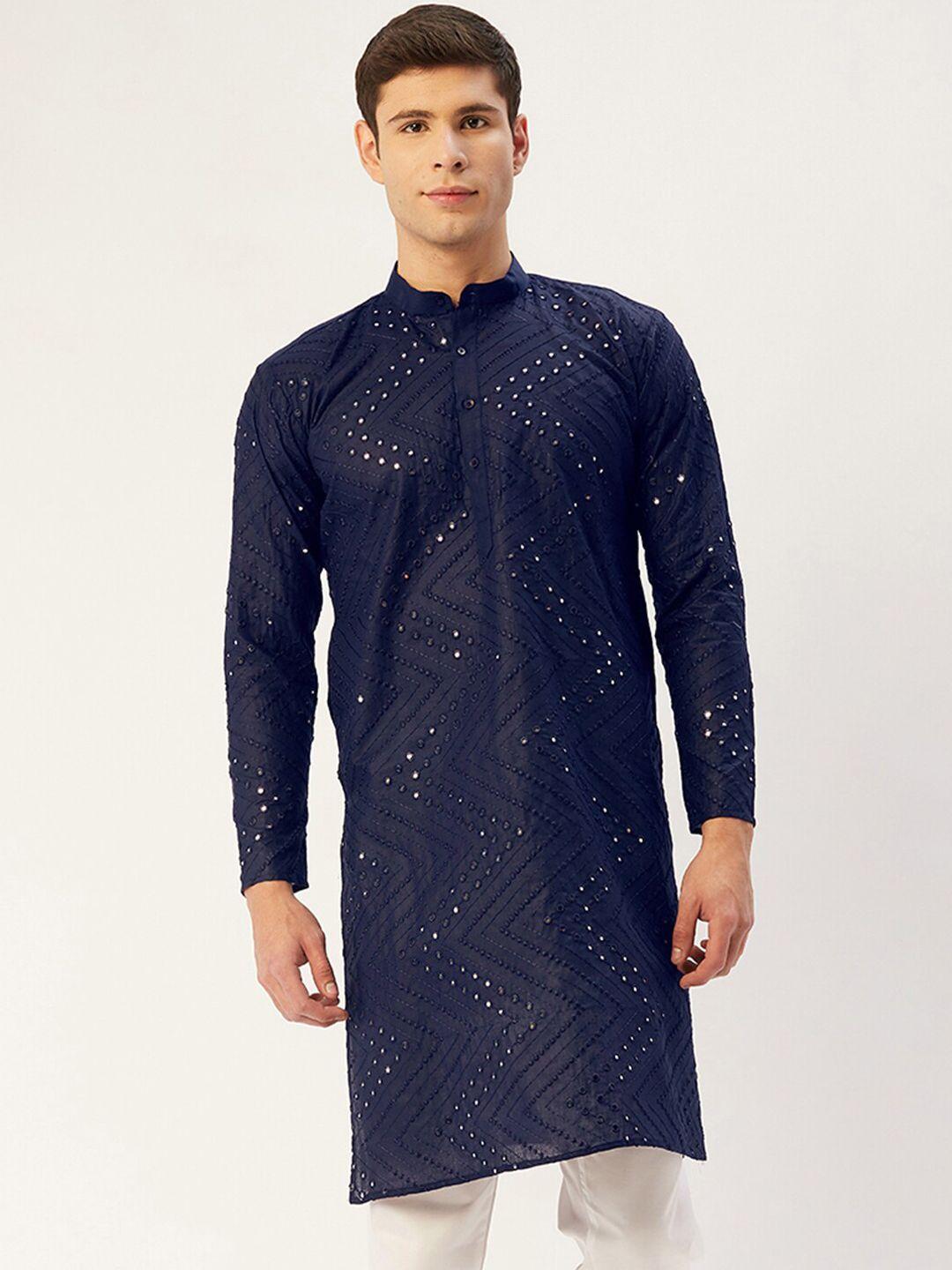 jompers men navy blue & peacoat geometric thread work kurta