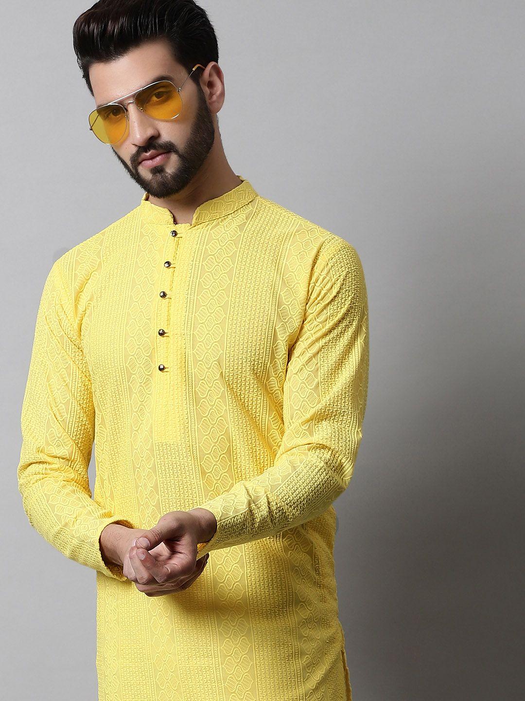 jompers men yellow geometric embroidered kurta