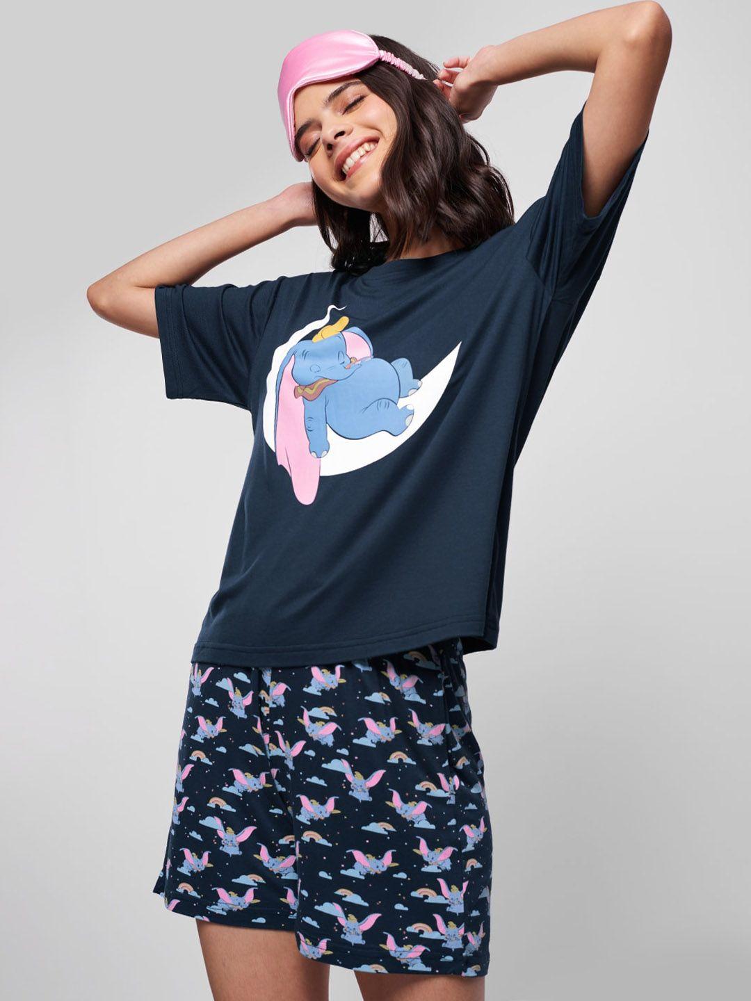 the souled store navy blue & white disney printed pure cotton t-shirt & shorts set