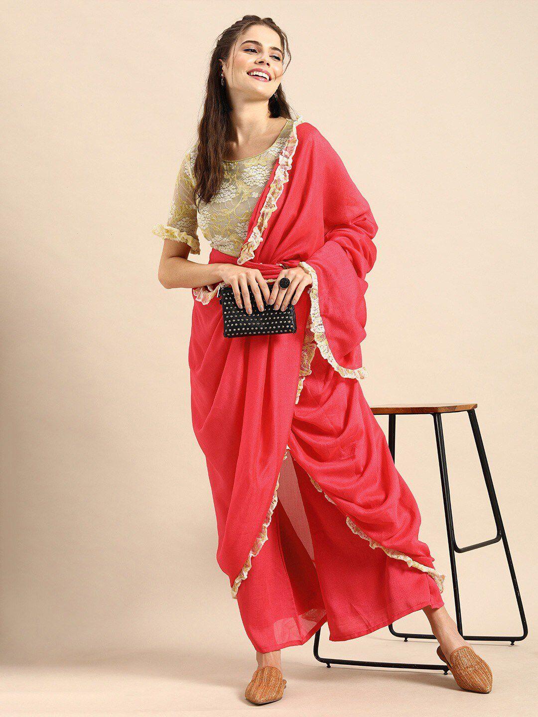 sangria pink & gold-toned schiffli silk blend palazzo saree