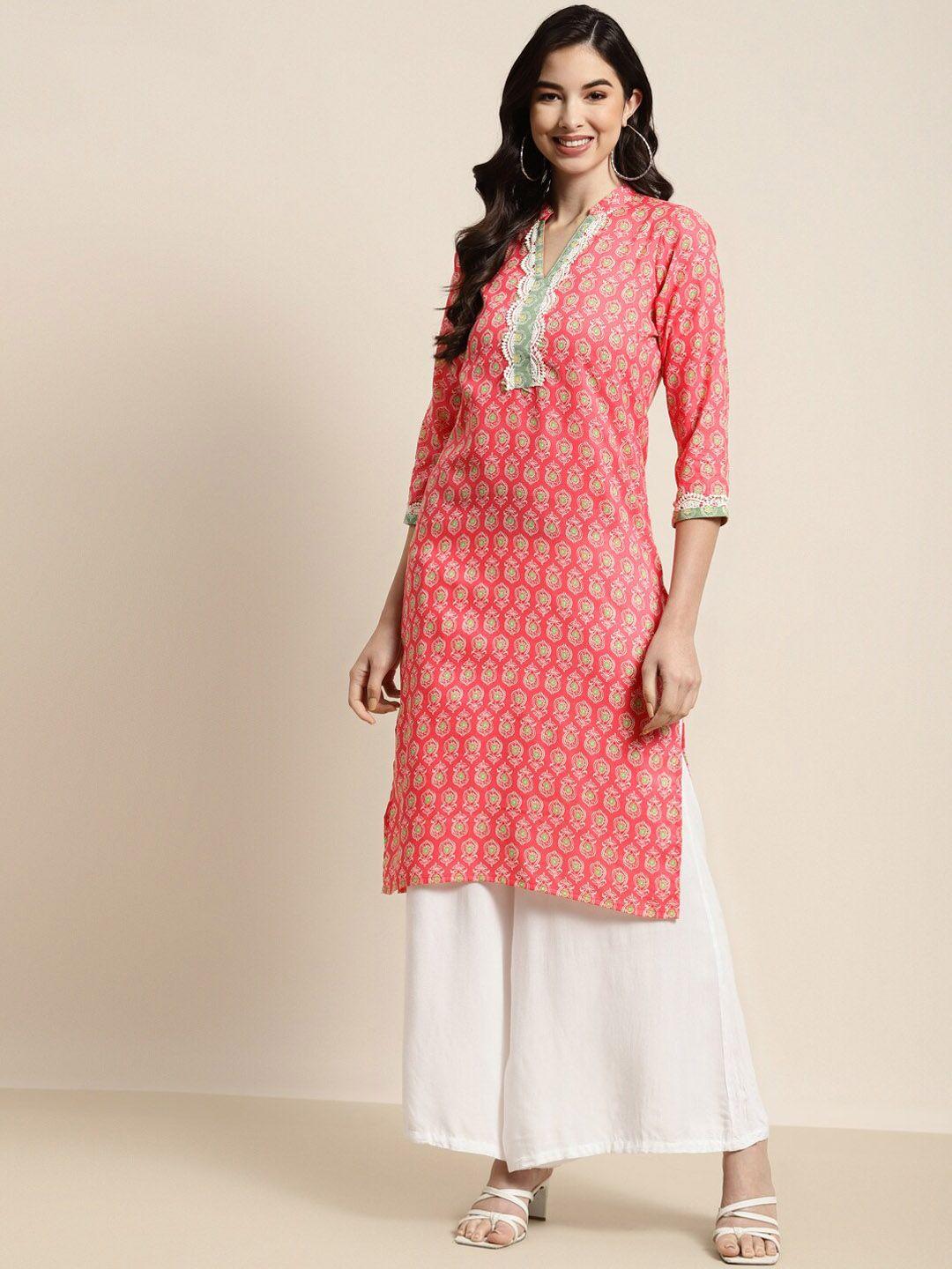 jompers women pink lacework self design motifs printed kurta