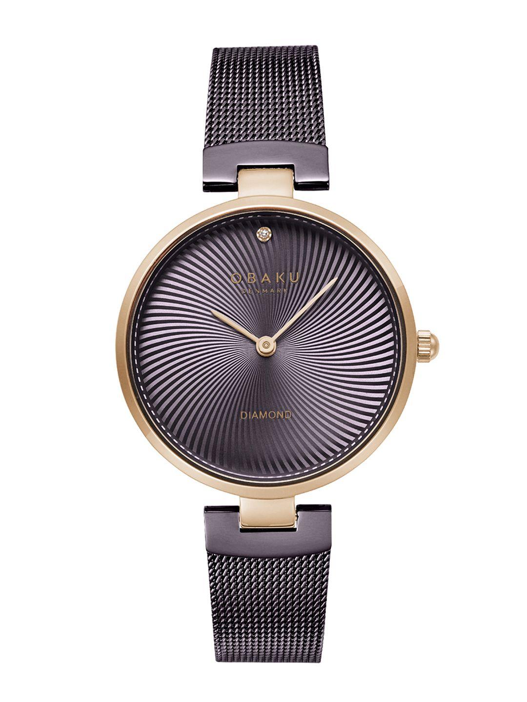 obaku women brown diamond dial & black stainless steel straps analogue watch v256lxvnmn