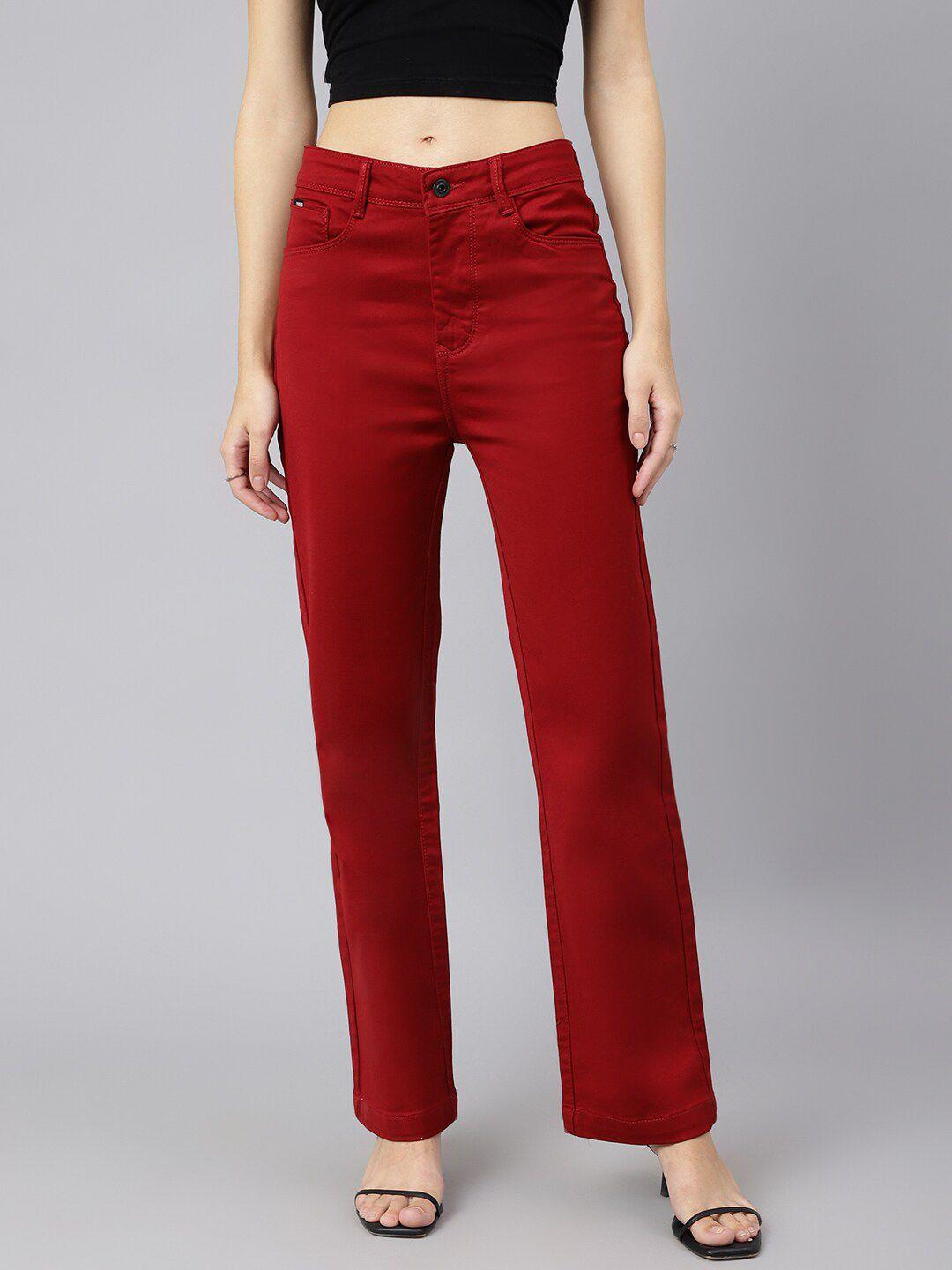 code 61 women red wide leg high-rise stretchable jeans